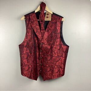 Barry Wang Men’s Red Waistcoat Paisley Vest W/Tie & Cuff Links Set Sz. XL